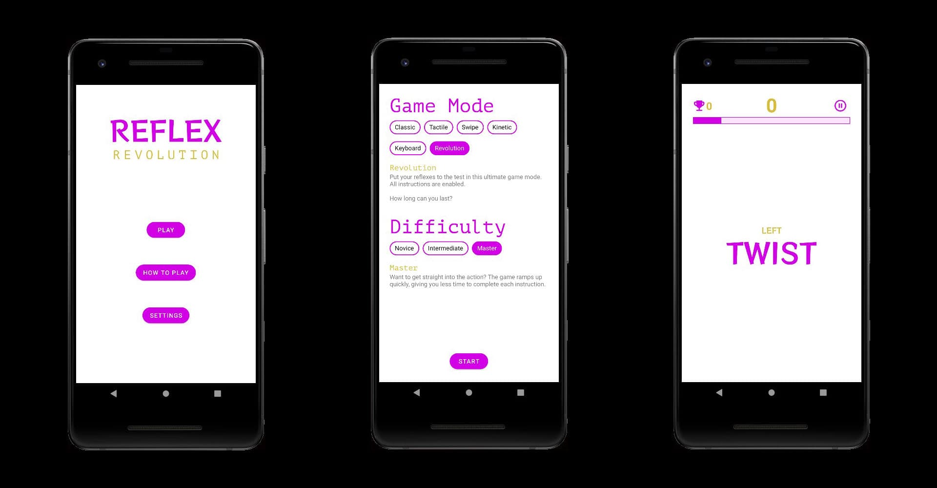 Several screens of Reflex Revolution
